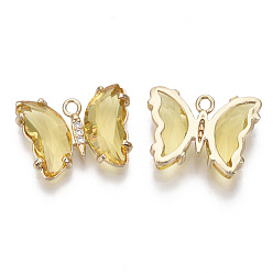 Yellow Glass Pendants, with Micro Pave Cubic Zirconia and Brass Open Back Settings, Faceted, Butterfly, Light Gold, Yellow, 15.5x20x4mm, Hole: 1.8mm