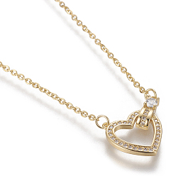 Golden Brass Micro Pave Cubic Zirconia Pendant Necklaces, with 304 Stainless Steel Cable Chains and Lobster Claw Clasps, Heart, Clear, Golden, 17.5 inch(44.5cm), 1.5mm