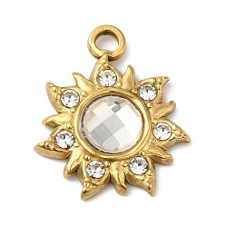 Clear Real 18K Gold Plated 304 Stainless Steel Pendants, with Glass, Sun Charms, Clear, 24.5x20.5x5~6mm, Hole: 2.5mm