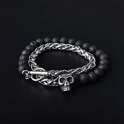 Lave Bracelet en perles de lave naturelle et tête de mort en acier inoxydable avec chaînes de blé, 8-1/4 pouce (21 cm)