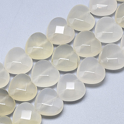 Agate Naturelle Naturelles agate perles blanches de brins, facette, cœur, 14.5~15x15~15.5x7~8mm, Trou: 1.2mm, Environ 14 pcs/chapelet, 7.6 pouce