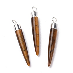 Tiger Eye Natural Tiger Eye Brass Pendants, Cadmium Free & Lead Free, Bullet Shaped, Silver Color Plated, 33~37x4~5mm, Hole: 2mm
