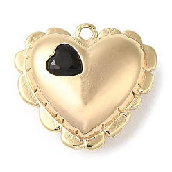 Negro Colgantes de latón, con vidrio, sin níquel, encantos del corazón, real 18 k chapado en oro, negro, 15.5x16.5x6.5 mm, agujero: 1.2 mm