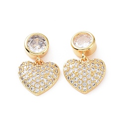 Real 18K Gold Plated Clear Cubic Zirconia Heart Dangle Stud Earrings, Brass Jewelry for Women, Real 18K Gold Plated, 20mm, Pin: 0.8mm