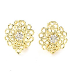 Real 18K Gold Plated Flower Brass Micro Pave Cubic Zirconia Stud Earrings Finding, with Horizontal Loops, Cadmium Free & Lead Free, Real 18K Gold Plated, 16x15mm, Hole: 1.2mm, Pin: 0.8mm