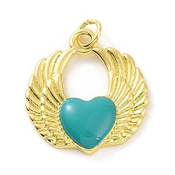 Turquoise Rack Plating Brass Enamel Pendants, with Jump Ring, Long-Lasting Plated, Real 18K Gold Plated, Cadmium Free & Lead Free, Wing with Heart Charm, Turquoise, 20.5x19x3.5mm, Jump Ring: 5x0.8mm, Inner Diameter: 3.5mm