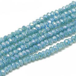 Deep Sky Blue Electroplate Opaque Solid Color Glass Beads Strands, Faceted, Rondelle, Deep Sky Blue, 2.5x1.5mm, Hole: 0.8mm, about 160~165pcs/strand, 13.78 inch~14.17 inch(35~36cm)