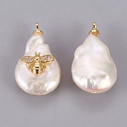 Real 18K Gold Plated Natural Cultured Freshwater Pearl Pendants, with Brass Cubic Zirconia Cabochons, Long-Lasting Plated, Nuggets with Bees, Real 18K Gold Plated, 14~18x20~29x5~8mm, Hole: 1.4mm
