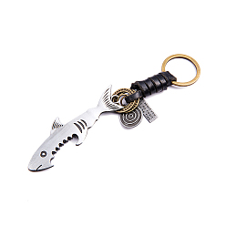 Shark Punk Style Woven Cow Leather Alloy Pendant Keychain, for Car Key Pendant, Shark Pattern, 14cm