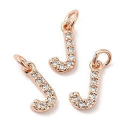 Real Rose Gold Plated Brass Micro Pave Grade AAA Cubic Zirconia Charms, Letter J, Cadmium Free & Nickel Free & Lead Free, Real Rose Gold Plated, 9x4.5x1.5mm, Hole: 2mm