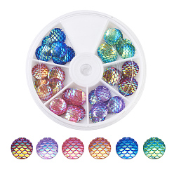 Mixed Color Resin Cabochons, Flat Round with Mermaid Fish Scale, Mixed Color, 12x3.5mm, 36pcs/box