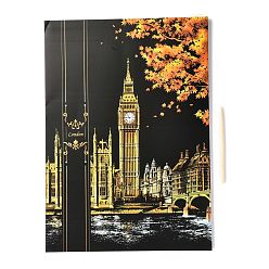 Others Scratch Rainbow Painting Art Paper, DIY Night View of the City, with Paper Card and Sticks, Big Ben, London, 40.5x28.4x0.05cm