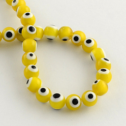 Gold Round Handmade Evil Eye Lampwork Beads, Gold, 10mm, Hole: 1mm, about 38pcs/strand, 14.1 inch