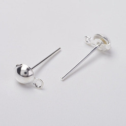 Silver Iron Post Ear Studs, with Loop, Half Ball, Lead Free & Nickel Free, Silver Color Plated, 13mm, Hole: 1mm