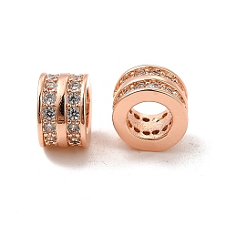 Real Rose Gold Plated Rack Plating Brass Micro Pave Cubic Zirconia European Beads, Large Hole Beads, Long-Lasting Plated, Cadmium Free & Lead Free, Flat Round, Real Rose Gold Plated, 8.5x5.5mm, Hole: 5mm