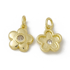 Clear Rack Plating Brass Cubic Zirconia Charms, with Jump Ring, Real 18K Gold Plated, Long-Lasting Plated, Cadmium Free & Nickel Free & Lead Free, 5-Petal Flower Charm, Clear, 12x10.5x2.5mm, Jump Ring: 5x0.9mm, Inner Diameter: 3.2mm