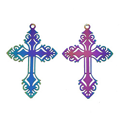 Rainbow Color Ion Plating(IP) 201 Stainless Steel Filigree Pendants, Etched Metal Embellishments, Cross, Rainbow Color, 40x25x0.3mm, Hole: 1.6mm