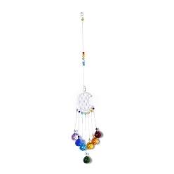 Platinum Crystals Chandelier Suncatchers Prisms Chakra Hanging Pendant, with Iron Cable Chains & Links, Glass Beads and Rhinestone, Moon, Platinum, 445mm