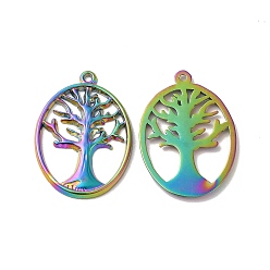 Rainbow Color Ion Plating(IP) 304 Stainless Steel Pendants, Oval with Tree of Life Charm, Rainbow Color, 25x18x1mm, Hole: 1.2mm