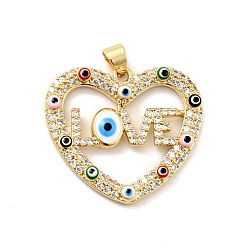 Colorful Rack Plating Brass Micro Pave Clear Cubic Zirconia Pendants, with Enamel, Cadmium Free & Lead Free, Heart with Evil Eye & Word Love, Real 18K Gold Plated, Colorful, 24.5x27x3.8mm, Hole: 3.3x3.7mm