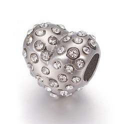Crystal 304 Stainless Steel European Style Beads, Large Hole Beads, with Rhinestone, Heart, Stainless Steel Color, Crystal, 10.5x11x8mm, Hole: 4.5mm