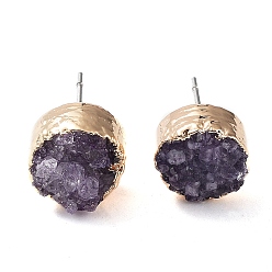 Medium Slate Blue Flat Round Natural Druzy Agate Stud Earrings, with Golden Plated Brass Findings, Medium Slate Blue, 10x6~7mm, Pin: 0.8mm