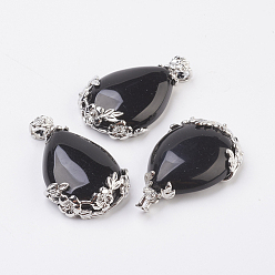 Black Agate Valentine Gifts Idea for Guys Natural Black Agate Pendants, with Brass Findings, Drop, Platinum, 38~41x26x8mm, Hole: 5x4mm