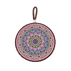 Pink Porcelain Hot Pads, with Rope & Anti-slip Cork Bottom, Water Absorption Heat Insulation, Flat Round with Mandala Pattern, Pink, 160mm