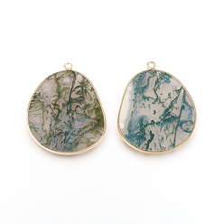 Moss Agate Natural Moss Agate Pendants, with Brass Findings, Golden, 33.5~34x27x2mm, Hole: 1.5mm