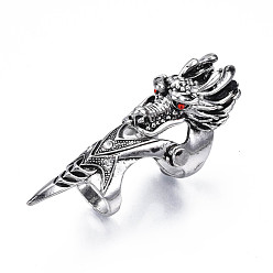 Siam Dragon Armour Alloy Full Finger Ring with Rhinestone, Double Loop Gothic Punk Ring for Men Women, Cadmium Free & Lead Free, Antique Silver, Siam, US Size 11 1/2(20.9mm), US Size 6 1/2(16.9mm)
