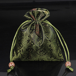 Dark Olive Green Chinese Style Flower Pattern Satin Jewelry Packing Pouches, Drawstring Gift Bags, Rectangle, Dark Olive Green, 14x11cm