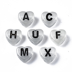 Letter Luminous White Smoke Acrylic Beads, Horizontal Hole, Heart with Mixed Letter, Random Mixed Letters, 7x7x4mm, Hole: 1.6mm, about 3200pcs/500g