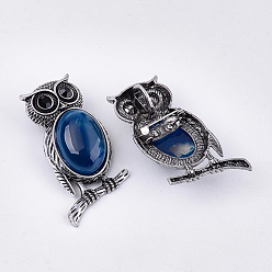 Natural Agate Natural Agate Brooches/Pendants, with Rhinestone and Alloy Findings, Dyed, Owl, Antique Silver, 51x28~29x15~16.5mm, Hole: 4.5x8.5mm, Pin: 0.5mm