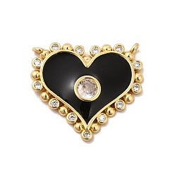 Black Rack Plating Brass Micro Pave Clear Cubic Zirconia Connector Charms, Heart Links with Enamel, Cadmium Free & Lead Free, Real 18K Gold Plated, Long-Lasting Plated, Black, 19.5x21.5x2mm, Hole: 1mm