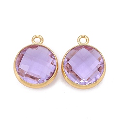 Plum Glass Charms, with Real 18k Gold Plated Brass Findings, Long-Lasting Plated, Lead Free & Nickel Free & Cadmium Free, Faceted Flat Round, Plum, 6x4x1.5mm, Hole: 0.9mm