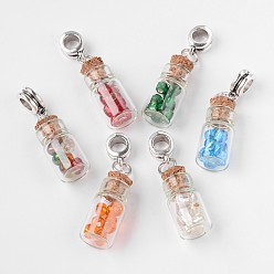 Mixed Color Glass Bottle with Glass Seed Beads European Dangle Charms, with Antique Silver Tone Alloy Findings, Large Hole Pendants, Mixed Color, 35mm, Hole: 5mm