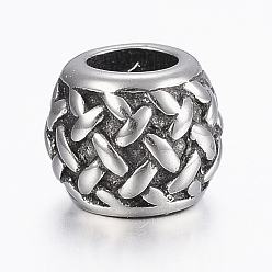 Antique Silver 304 Stainless Steel Basket Weave Pattern Beads, European Beads, Barrel, Antique Silver, 9x7.5mm, Hole: 5mm