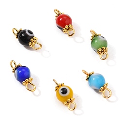 Mixed Color Golden Plated Handmade Lampwork link Connectors, with Alloy Spacer Beads and Iron Eye Pin, Round with Evil Eye, Mixed Color, 14x6mm, Hole: 1.8mm
