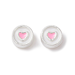 Pink Бусины из серебряной эмали, плоские круглые с шаблоном сердца, розовые, 5x3 мм, отверстие : 1.2 мм