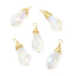 Clear Rack Plating Brass with Glass Pendant, Cadmium Free & Lead Free, Long-Lasting Plated, Faceted Teardrop Charms, Clear, 27~28x10.5~11mm, Hole: 2.5~3mm