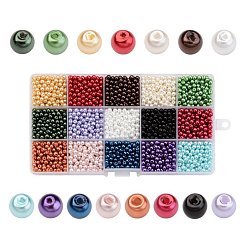 Mixed Color 15 Color Glass Pearl Beads, Dyed, Round, Mixed Color, 10mm, Hole: 0.7~1mm, about 15pcs/color, 225pcs/box