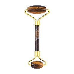 Tiger Eye Natural Tiger Eye Face Massager, Facial Rollers, with Long-Lasting Plated Alloy Findings, Golden, 149~151x57~60x19~20mm