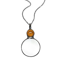 Оранжевый Ожерелье с плоским круглым стеклянным увеличительным кулоном для женщин, с кабельными цепями из сплава, оранжевые, 31.50 дюйм (80 см)