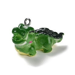 Green Sea Animal ThemeTraslucent Resin Pendants, Crocodile Charms with Platinum Tone Iron Loops, Green, 18x13.5x29mm, Hole: 2mm