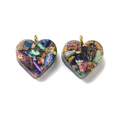 Colorful Transparent Resin Natural Imperial Jasper Dyed Chips Pendants, with Golden Tone Brass Loops, Heart Charm, Colorful, 16.5x15.5x6~6.5mm, Hole: 2mm
