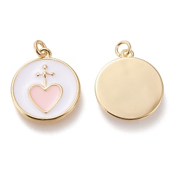 Pink Brass Pendants, with Enamel and Jump Rings, Long-Lasting Plated, Flat Round with Heart, Golden, Pink, 20.5x18x2mm, Hole: 3mm