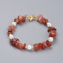 Carnelian Natural Red Agate/Carnelian Chip Beaded Bracelets, with Shell Pearl Round Beads, Brass Beads and 304 Stainless Steel Lobster Claw Clasps, 7-1/4 inch(18.5cm)