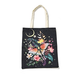 Colorful Flower & Butterfly & Moon Printed Canvas Women's Tote Bags, with Handle, Shoulder Bags for Shopping, Rectangle, Colorful, 60cm
