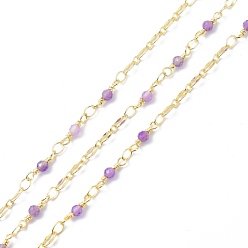 Amethyst Brass & Natural Amethyst Handmade Beaded Chain, with Spool, Long-Lasting Plated, Soldered, 9.5x3.5mm, about 10.93 yards(10m)/roll