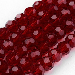 Rojo Oscuro Abaloiros de vidrio transparentes, imitar cristal austriaco, facetado (32 facetas), rondo, camesí, 8 mm, agujero: 1 mm, sobre 70~72 unidades / cadena, 20~21 pulgada